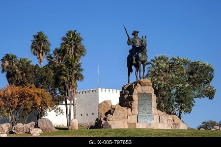 Equestrian statue in front of the Alte Feste or Old Fortress, Windhoek, Namibia-stock-foto