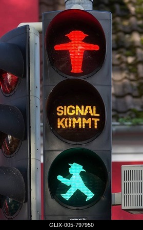 Red and green traffic light male of a pedestrian traffic light, Darß, Mecklenburg-Western Pomerania, Germany-stock-foto