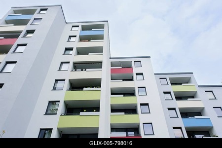 Apartment building with coloured balconies, Hörde, Dortmund, Ruhr area, North Rhine-Westphalia, Germany-stock-foto