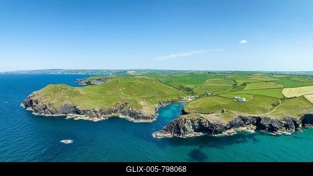 Aerial panorama of the coastline at Port Quin, Port Isaac, North Cornwall, England, United Kingdom-stock-foto