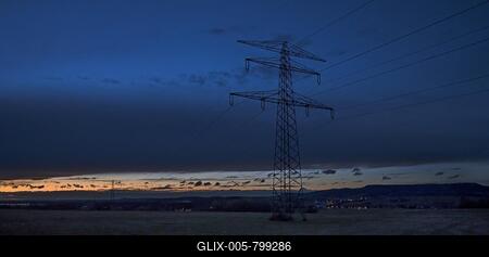 Sunset with power line, Franconia, Bavaria, Germany-stock-foto