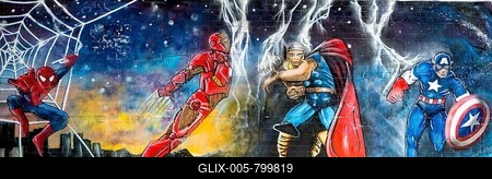 Comic superheroes, Spider Man, Iron-Man, Tron and Captain America, Graffiti, London, England, Great Britain-stock-foto
