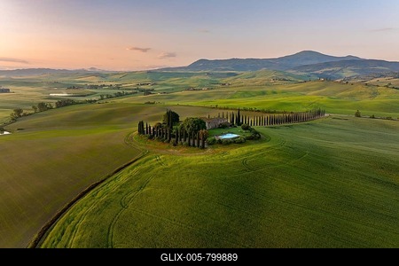 Estate with cypress alley (Cupressus) at sunrise, near San Quirico d'Orcia, Val d'Orcia, Siena Province, Tuscany, Italy-stock-foto