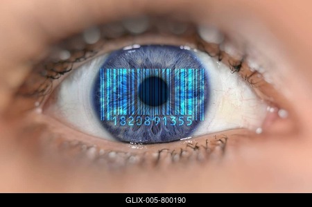 Detail of eye with barcode EAN, European Article Number, on iris, symbolic image, transparent customer-stock-foto