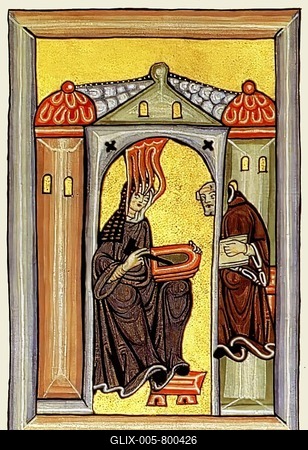 Frontispiece of Liber Scivias, Hildegard of Bingen receiving a vision and dictating to teacher Volmar, Hildegard of Bingen, Sibyl of the Rhine, 1098  1179, German Benedictine abbess and polymath, c.1175, digitally edited-stock-foto