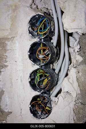 Electric cables in new socket holes to be flush under plaster in an old building, Stuttgart, Baden-Wuerttemberg, Germany, Europe-stock-foto