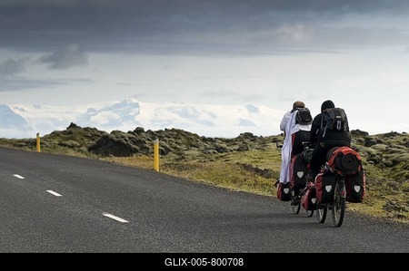 Two bikers cycling along the southwest coast, Iceland, Scandinavia, Europe-stock-foto