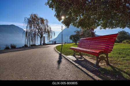 Babylon willow (Salix babylonica), lakeside promenade, lake, trees, hill, haze, lantern, bench, lawn, backlight, frog perspective, blue sky with veil clouds, Lake Lugano, Belvedere Garden, Lugano, Lugano district, Ticino, Switzerland-stock-foto