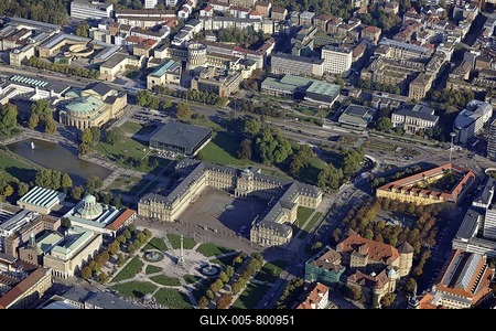 Aerial view, Kulturmeile complex, Neues Schloss, New Castle, Ehrenhof square, Haus der Geschichte museum, music college, New and Old State Gallery, Eckensee Lake, opera house, Koenigsbau building, Altes Schloss, Old Castle, Stuttgart, Baden-Wuerttemberg, Germany, Europe-stock-foto