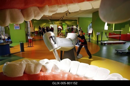 Haus der Natur museum, big teeth and model of a dentist's drill in the technology department, Salzburg, Austria, Europe-stock-foto