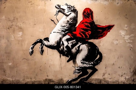 Banksy - Blind Napoleon, reinterpretation of the painting by Jacques-Louis David, metaphor for political misdirection, 2018, Paris, France, exhibition The World of Banksy-stock-foto