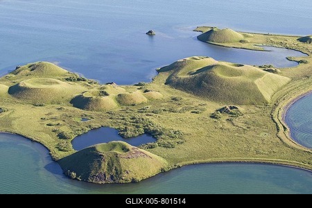 Aerial view, pseudo crater at Skútustaðir on Lake Myvatn, North Iceland, Iceland, Europe-stock-foto