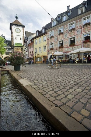 Old town with Baechle brook and Schwabentor city gate, Freiburg im Breisgau, Baden-Württemberg, Germany, Europe-stock-foto