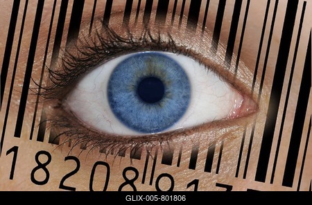 Close-up of an eye with the EAN barcode, European Article Number, on the iris, symbolic picture for transparent client-stock-foto