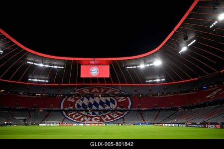Overview Interior Allianz Arena, empty, FC Bayern Munich logo, scoreboard, Munich, Bavaria, Germany-stock-foto