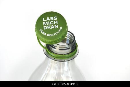 Leave-me-on lids will be compulsory on all bottles, from 2024 an EU regulation will require a fixed connection between cap and beverage bottle for environmental reasons, Coca Cola already has the tethered caps, studio shot, Germany-stock-foto