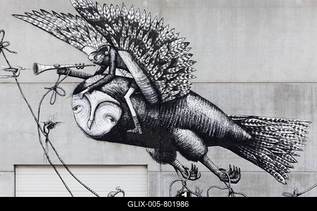 Bird riding fantasy figure, Mural by British street artist Phlegm, The Crystal Ship Festival 2017, Ostend, West Flanders, Belgium-stock-foto