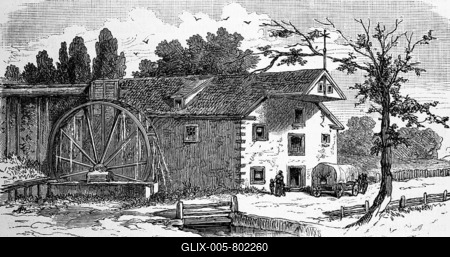 Germantown, German foundation, 17th century, watermill, water wheel, horse-drawn wagon, agriculture, creek, bridge, trees, idyll, historical illustration 1885, Pennsylvania, North America-stock-foto