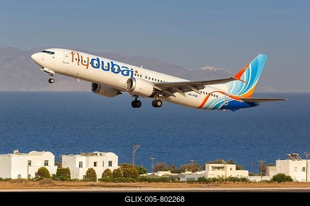 A FlyDubai Boeing 737 MAX 9 aircraft with registration A6-FNB at Santorini airport, Greece-stock-foto