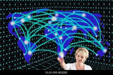Woman with a virtual model, symbolic image for networks, networking-stock-foto