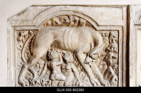 Capitoline Wolf with Romulus and Remus, Roman stone relief, exterior view, Maria Saal Pilgrimage Church, Carinthia, Austria, Europe-stock-foto