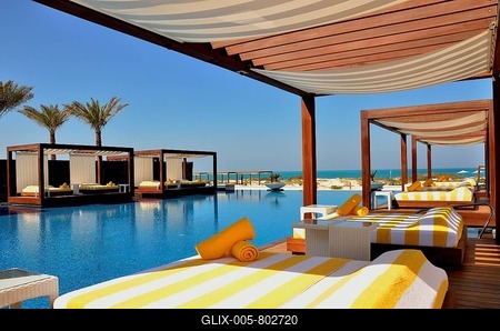 Swimming pool of the Monte Carlo Beach Club on Saadiyat Island, Abu Dhabi, United Arab Emirates, Arabian Peninsula, Asia-stock-foto