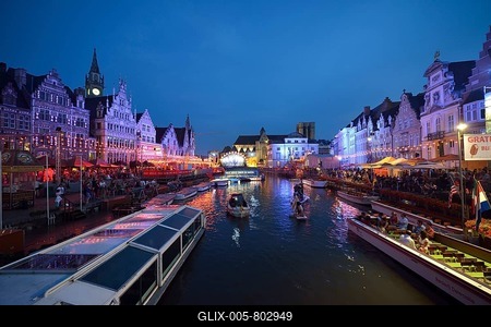 Gentse Feesten, Gent Festival, guild houses, stages, historic town centre, Leie River, at night, Ghent, Flemish Region, Belgium-stock-foto