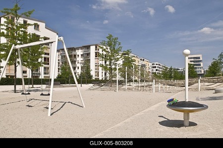New, large and modern play ground in a new estate, Arnulfpark, Munich, Bavaria, Germany, Europe-stock-foto