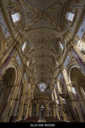 Nave with organ loft and Gothic rose window, Ebrach Abbey, former Cistercian abbey, Ebrach, Lower Franconia, Bavaria, Germany-stock-foto