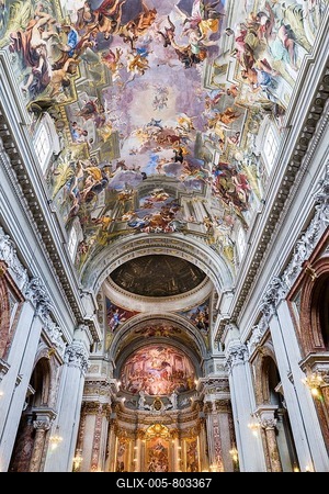 Choir, apparent dome and Baroque trompe l'彿l ceiling fresco, The Triumph of St. Ignatius Loyola, Entrance into Paradise, Apotheosis of St. Ignatius, the Glorification of St. Ignatius, by Andrea Pozzo, Church of Sant'Ignazio di Loyola, Rome, Italy-stock-foto