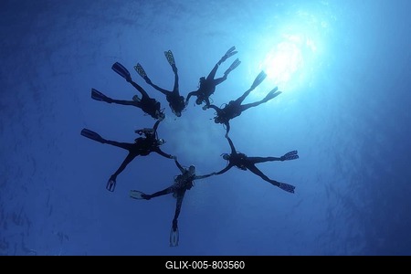 Scuba divers forming a star, backlight by the sun, blue, Hurghada, Egypt, Red Sea, Africa-stock-foto