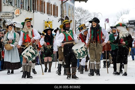 Men dressed in traditional carnival costumes, carnival parade, Maschkera, Mittenwald, Werdenfelser Land, Upper Bavaria, Germany, Europe-stock-foto