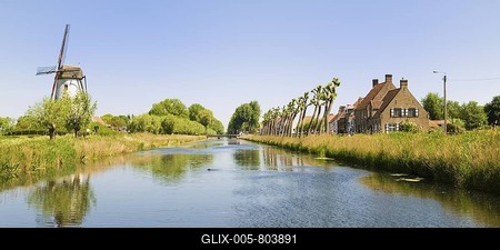 Windmill along the Canal from Damme to Bruges, Flemish Region, Belgium, Europe-stock-foto