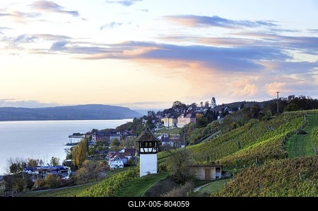 View over the vineyards of the Meersburger Weingut winery in the autumnal twilight, Landkreis Konstanz county, Baden-Wuerttemberg, Germany, Europe-stock-foto