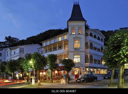 Sonneck Hotel, typical architecture on Wilhelm Street, Sellin, beach resort town, Ruegen, Germany, Europe-stock-foto