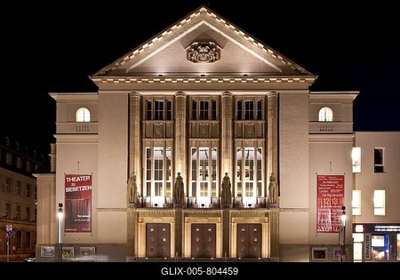 The illuminated theatre at night, Hagen, North Rhine-Westphalia, Germany-stock-foto