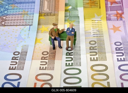Various Euro banknotes, senior citizens sitting on a park bench, symbolic image for retirement provisions, old age pension-stock-foto