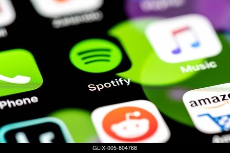 Spotify and Apple Music, App Icons on a mobile phone display, iPhone, Smartphone, close-up, full format-stock-foto