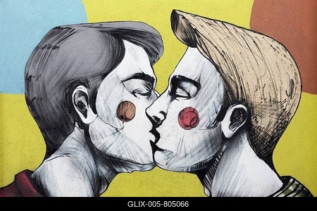 Two gay young men kissing, LGBT portrait, mural by Fotini Tikkou at Rainbow House, Rue de la Chaufferette, Lollepotstraat, Brussels, Belgium-stock-foto