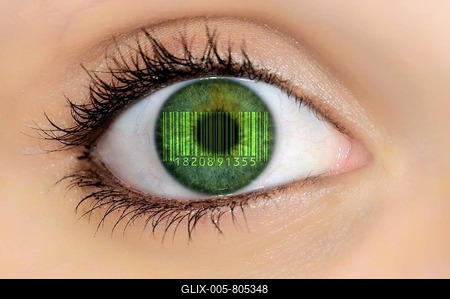 Detailed view of an eye with a barcode being reflected on the iris, EAN, European Article Number, International Article Number, symbolic image for transparent customer-stock-foto
