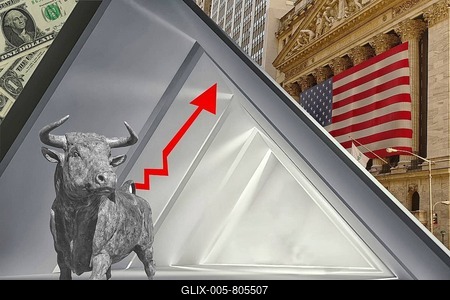 Symbolic image, bull stands for stock market boom, Wall Street and Dax upswing, President Trump's erratic decisions, global tariffs, share prices, euro, euro exchange rate, euro high, exchange rates, dollar parity, financial investment, recession worries, inflation, exports, raw materials and primary products in dollars, oil in dollars, world crisis, Ukraine war, Germany, loss of democracy, autocracy, China, Russia-stock-foto