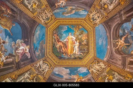 Ceiling fresco, Apollo and the Muses by Tommaso Conca, 1782-1787, Sala delle Muse, room of the Muses, Vatican Museums, Rome, Italy-stock-foto
