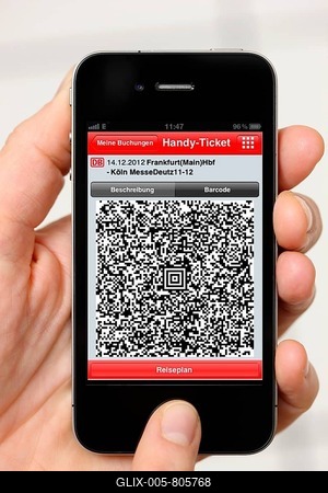 Iphone, smartphone, app on the screen, travel information, QR code-ticket of Deutsche Bahn, the German national railway company-stock-foto