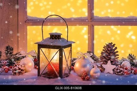 Lantern with Christmas decoration on windowsill-stock-foto