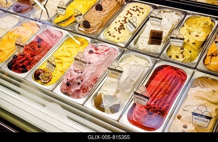 Italian ice cream in the refrigerated counter of an ice cream parlour, ANUGA food fair, Cologne, North Rhine-Westphalia, Germany-stock-foto