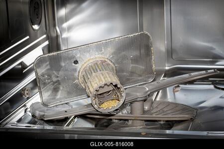 A heavily soiled drain strainer in a dishwasher-stock-foto