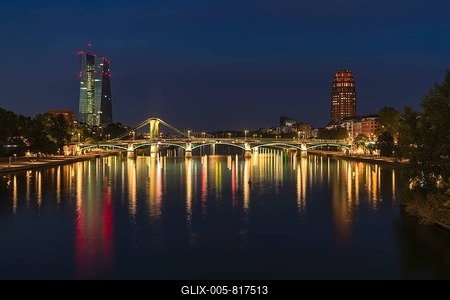View at blue hour of the colourfully illuminated Flößerbrücke, the European Central Bank on the left and the Main Plaza on the right, Alte Brücke, Frankfurt am Main, Hesse, Germany-stock-foto
