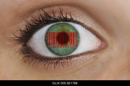 Detail picture of an eye with barcode EAN, European Article Number, on the iris, symbolic picture representing glass science-stock-foto