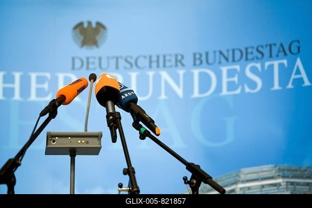 Microphones of the public television before a press conference in the German Parliament, Deutscher Bundestag, Berlin, Germany, Europe-stock-foto