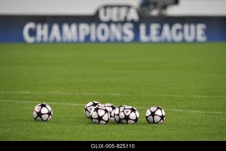 UEFA Champions League footballs in front of advertising-stock-foto